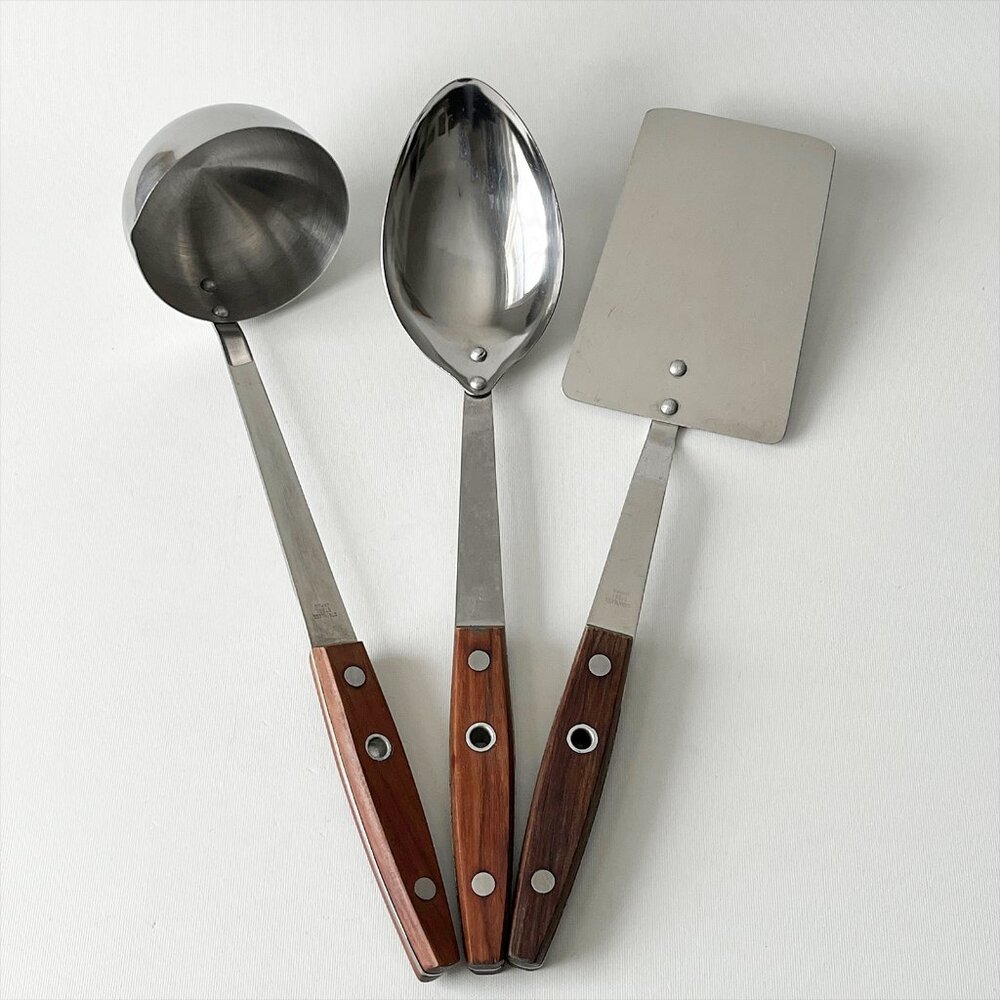 Vintage MCM Stainless Steel Kitchen Utensils Wood Handles Japan Set of 3
